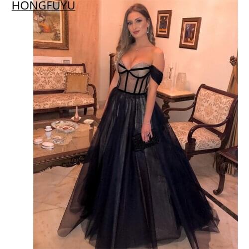 HONGFUYU Princess Off Shoulder Tulle Formal Evening Dresses Long Black A-line robe de soiree Prom Party Gown платье на выпускной