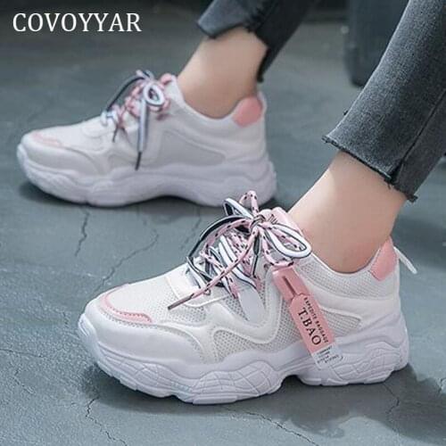 COVOYYAR Women Sneakers Platform White Vulcanize Shoes Woman Lace-up Mesh Tennis Casual Flat Chunky Shoes WSN458