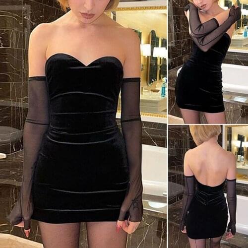 Hot Kf-Elegant Black Flannel Off Strapless Party Dresses Womens Sexy Backless Tube Top Mini Dress