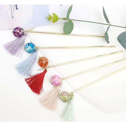 Japanese Style Women Girls Cute Acrylic Ball Hair Sticks With Long Tassel Fashion Sweet Hairpin Harajuku Hair Clip Jewelry Gift