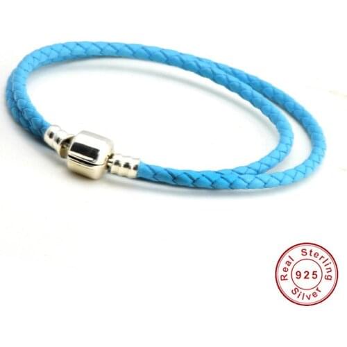 Sky Blue Leather Bracelets 100% Authentic Sterling Silver Fine Jewelry for Women Free Shipping
