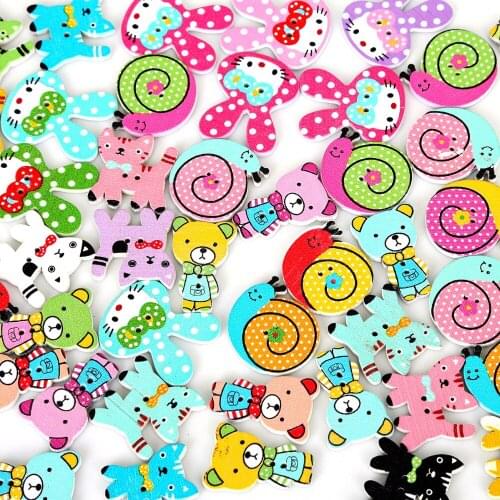 Wholesale Lovely Pattern Random Mixed 2 Holes Pattern Cartoons Cat Rabbit Bear Animals Wood Sewing Buttons Scrapbooking 50pcs