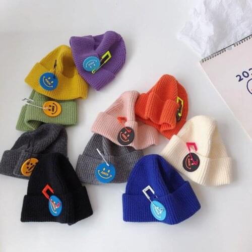 Autumn Winter Kids Boys Girls Knitted Hats Fashion Pin Smile Accessories Baby Beanie Caps Soft Warm Children Hat