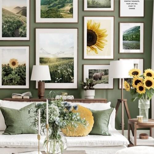 Nordic Posters And Prints Sunflower Sunrise Meadow Bear Mountain Forest Wall Art Canvas Painting Decor Pictures For Living Room