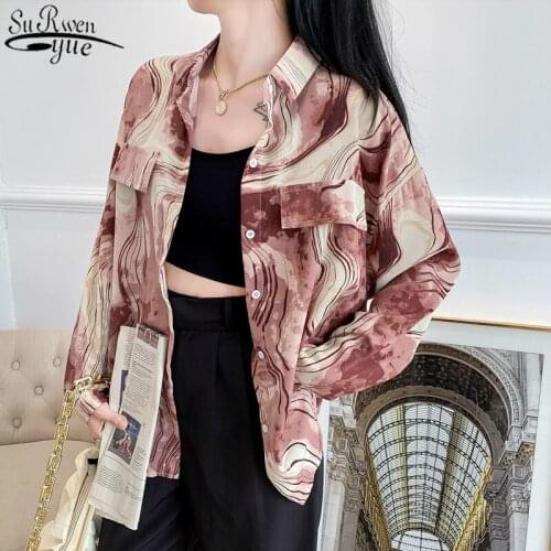 Vintage Hong Kong Style Ink Printed Long Sleeve Womens Shirt Korean Loose Blouse Women Single Breasted Top Streetwear 11875