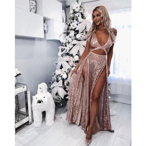 Women Long Sequin Prom Party Dresses Sexy V Neck High Slit Evening Dress Zipper Back Crop Top Floor Length Cocktail Dresses