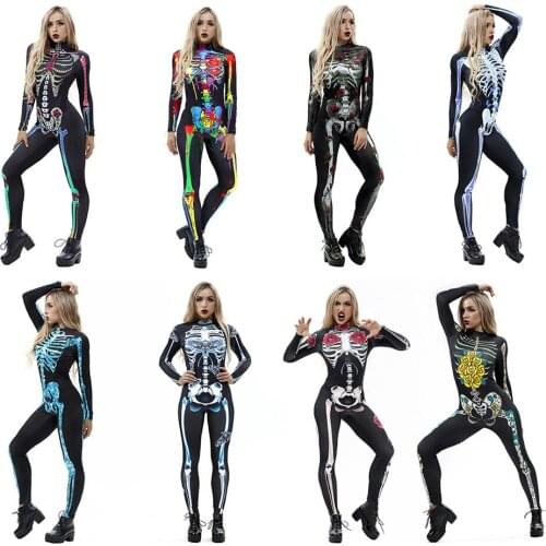 Halloween Women Gothic Punk Skeleton Printed Sexy Jumpsuit For Adult Ladies Cosplay Costumes Scary Skull Female Bodysuit Romper