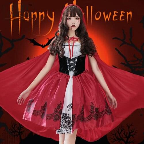Women Halloween Party Hooded Costume Holiday Party Robe Lady Dress & Cloak Cosplay Little Red Riding Hood Dress Sets For Girls