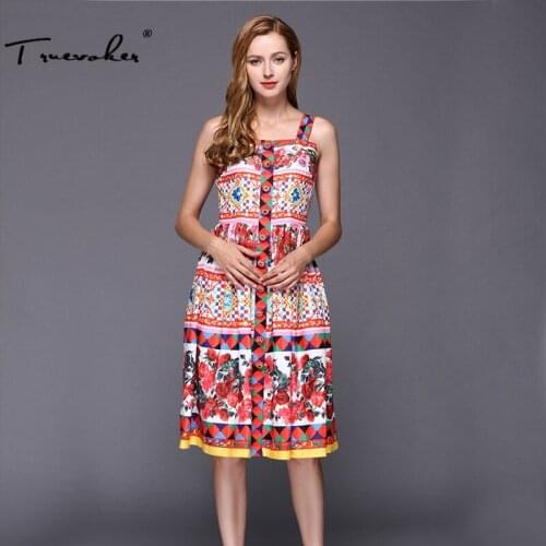 Summer Designer Dress Womens High Quality Cute Fancy Flower Printed Crystal Button Boutique Spaghetti Strap Dress