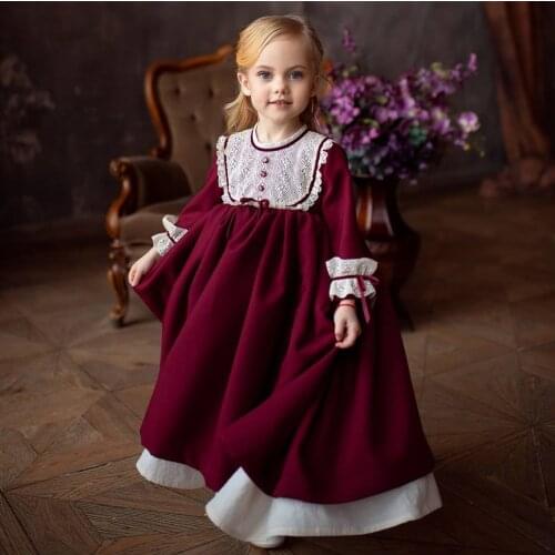 0-12Y Baby Girl Autumn Winter Wine Burgundy Red Long Dress for Christmas Birthday