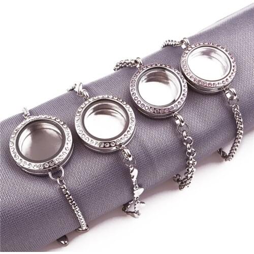 1Pc 30mm Rhinestone Round Glass And Stainless Steel Locket Chain Bracelet Finding Women Aromatherapy Perfume Gift Jewelry