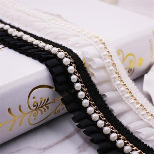 1yard Vintage White Pearl Beaded Cotton Chiffon Embroidered Lace Ribbon Trim African Lace Fabric Handmade Wedding Dress Sewing