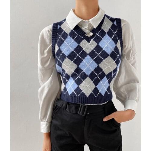 2020 Korean Style V-neck Vintage Geometric Argyle Short Waistcoat Pullovers Tops Sweater Vest Autumn Women Sexy Knitted Vest