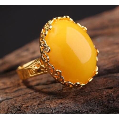 925 steel seal plating 24k gold opening adjustment design Second generation beeswax amber ring to send his girlfriend a gift