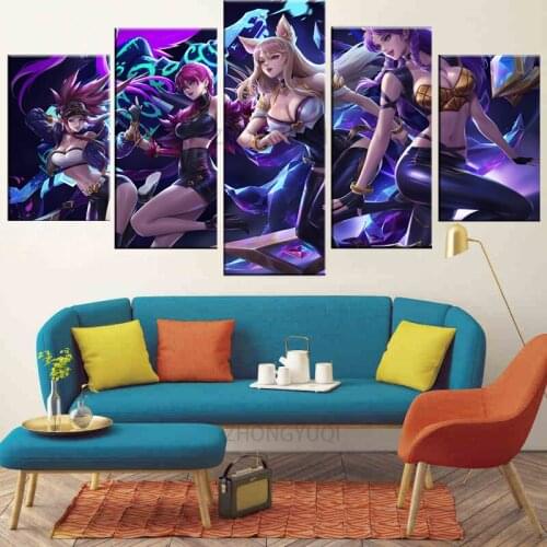 Home Decorative Wall Artwork Ahri Akali Evelynn Kaisa League of Legends Game Poster 5 Piece Canvas Printing Modular Picture
