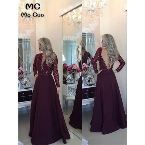 Elegant Burgundy Evening Party Dresses Prom Gown Appliques Long Sleeves Deep V Neck Gowns For Teens A-Line Evening Dresses