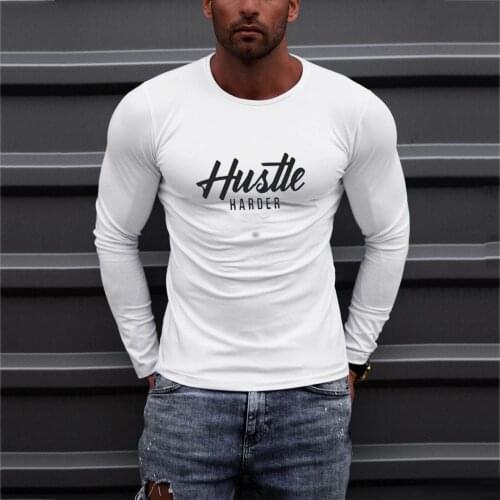 Summer Fashion Letter HUSTLE Print T-shirts Men Casual Slim O Neck Tight Printed Long Sleeve T-shirt Basic Daily Top Blouse