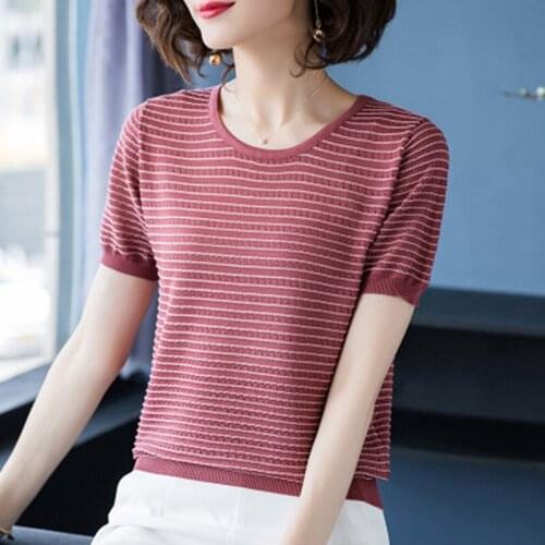 T-shirt women 2020 summer striped ice silk knitted T-shirt stylish ladies loose casual O-Neck short sleeve basic T-shirt