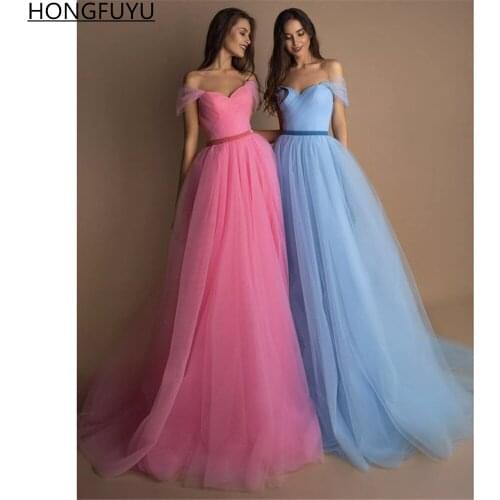 HONGFUYU A Line Pink/Blue Tulle Prom Dress Off Shoulder Pleats Long Evening Gowns Velvet Flower Sash Party Graduation Dresses