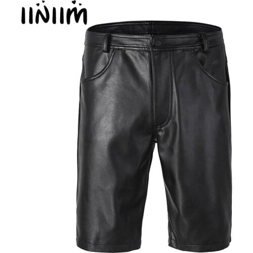Iiniim Black Mens Leather Boxer Shorts Half with Pockets Hot Shorts with Zipper Closure for Mens Club Party Clothes