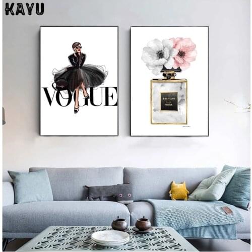 Fashion Black Dress Canvas Nordic Wall Art Perfume with Flower Print Painting Decoration Picture Home Decor Framed