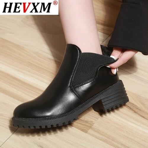 New Warm Plush Winter Boots Solid Black Leather Boots Female Slip on Ankle Boots for Women Shoes Woman Plus Size Chelsea Boots