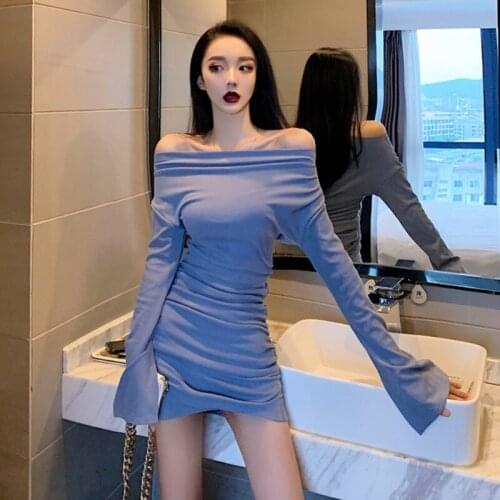 Sexy off-shoulder long-sleeved high-waisted slim dress summer womens 2020 new slim package hip bottoming dress