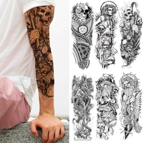 Realistic Death Skull Temporary Tattoo Sleeve For Men Women Adult Fake Wolf Tattoos Sticker Black 3D Soldier God Tatoos Full Arm