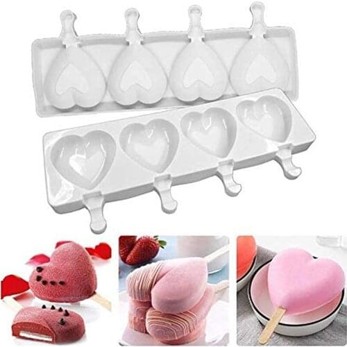4 Cell Heart Silicone Ice Cream Mold Popsicle Moulds DIY Homemade Dessert Freezer Fruit Juice Ice Cream Maker Mould Home Kitchen