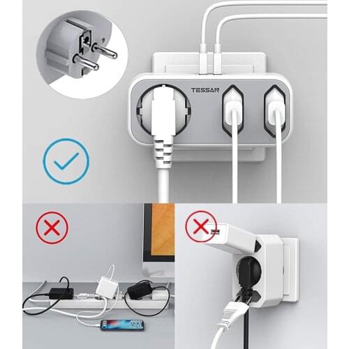 TESSAN Portable European Travel Power Adapter Multi Outlets Expander Powe Strip with USB Ports and 3 Outlets EU Plug Wall Socket