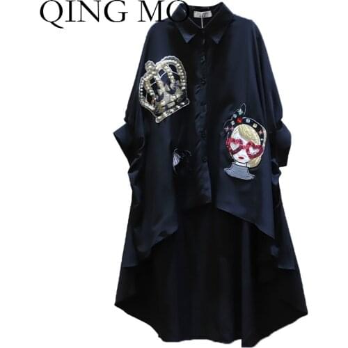 Spring Summer Black White Women Irregular Blouse 2021 Women Crown Blouse With Beading Female Cartoon Blouse With Sequin ZQY5073