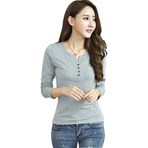 Long Sleeve Button Female Tshirt Women Tops Shirts 2019 Spring Solid Womens T Shirt Casual Tees shirts Black White Grey #T20