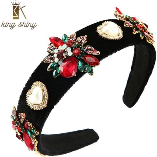 Elegant Multi Color Crystal Flower Headband for Woman Vintage Heart Shape Simulated Pearl Velvet Hairband Female Hair Accessory