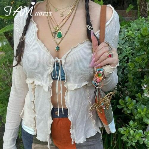 Ruffles Lace Up Knitted Cardigan Women Kawaii Long Sleeve T Shirt Autumn White Basic V-neck Cropped Top Korean Shirt Iamhotty