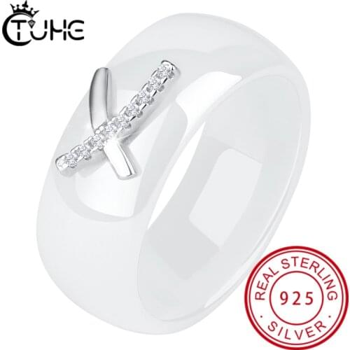 100% Real 925 Sterling Silver AAAAA CZ Engagement Wedding Band Geometric Ceramic Rings For Women Party Jewelry