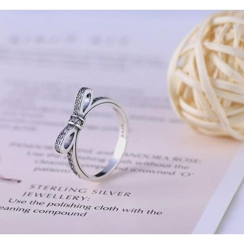 Bewill Free Shipping Real 925 Sterling Silver Ring Shiny Bow Zircon Simple Ring Womens Ring For Womens Gift Banquet Jewelry