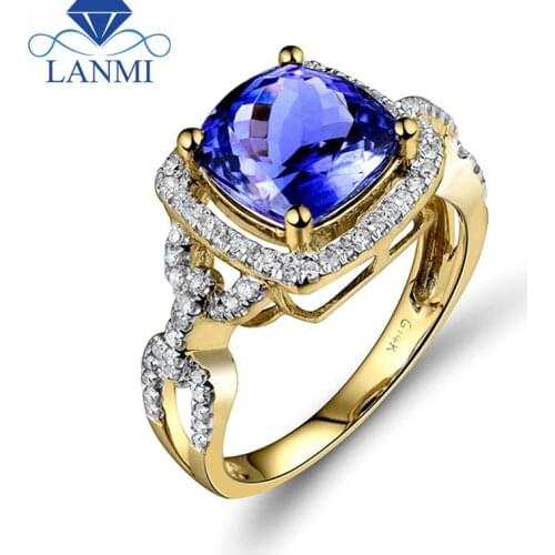 LANMI Fantastic Jewelry Vintage Cushion 8X8mm Solid 14Kt Yellow Gold Natural Tanzanite Wedding Ring for Women G090458