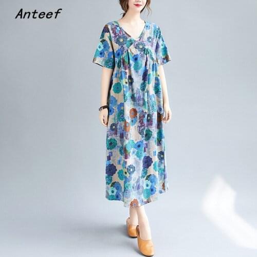 Short sleeve cotton linen plus size vintage floral dresses for women casual loose long woman summer dress elegant clothes 2021