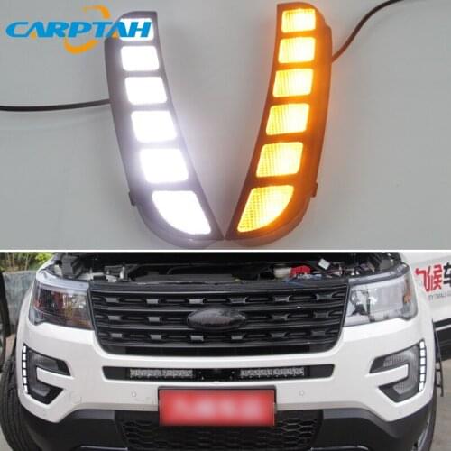 12V Car LED DRL Daylihgts For Ford Explorer 2016 2017 Yellow Turn Signal LED Foglamp Daytime Running Light Headlamp