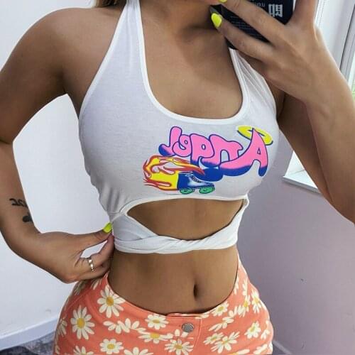 White U-neck Hollow Vest Halter Sexy Backless Y2k Tank Tops Streetwear Angel Print Vest Top Cropped Feminino