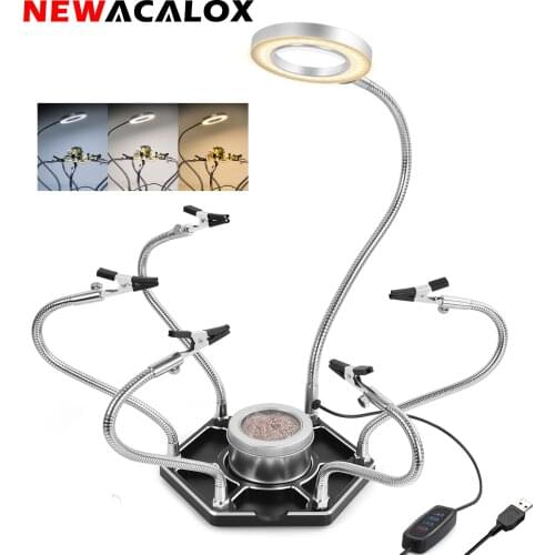 NEWACALOX Soldering Helping Hands 3X Magnifier 6PCS Flexible Arms PCB Holder USB LED Lamp 3 Colors Welding Stand Repairing Tool
