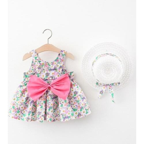 Children Girls Clothes Sleeveless Vest Skirt Summmer Floral Cute Princess Style With Bow Sunhat One Piece Set For Babies Suits