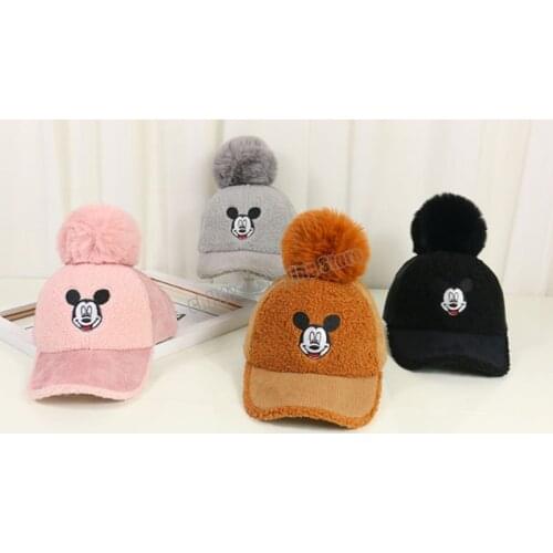 Disney Mickey Mouse Winter Cap Children Outing Baseball Cap Baby Girl Cute Warm Hat Baby Boy Cartoon Lamb Down Hats Adjustable