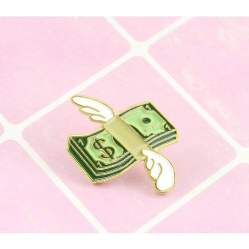 Cartoon Mini Banknotes Enamel Pins Green Dollar Angel Wings Symbol Brooch Mens And Womens Knitted Backpack Badge Accessories