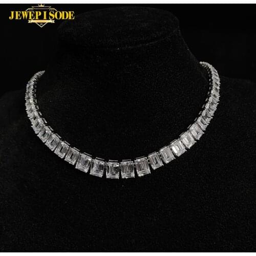 Jewepisode 100% 925 Sterling Silver Emerald Cut Simulated Moissanite Diamond Wedding Engagement Necklace Women Men Fine Jewelry
