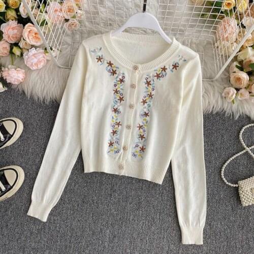 Short Knitted Cardigan Sweater Women 2020 Autumn O-Neck Slim Long Sleeve Sweater coat Sweet Embroidery Floral Female Cardigan