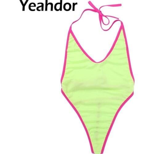 Women Hot One-piece Micro Monokini Bikini Swimsuit Halter Neck High Cut Self-tie G-string Thong Lingerie Femme Mini Bathing Suit