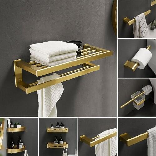 Bath Hardware Set Brushed Gold Bathroom Accessories Towel Rack Paper Holder Toilet Brush Holder Towel Bar Bath Shelf Robe Hooks