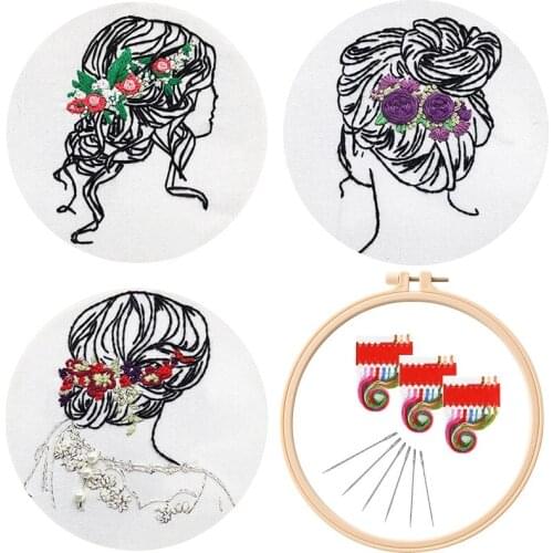 3 Pack Lady Hairstyle Embroidery Starter Kit for Beginners, Embroidery Kits, Contains all Embroidery Tools, English Description
