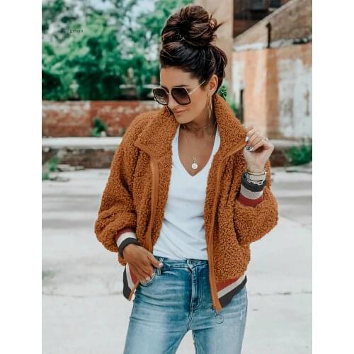 2020 New Faux Fur Jackets Women Winter Warm High Waist Striped Hem Fashion Slim Army Green Faux Fur Jacket Fake Fleece Coats